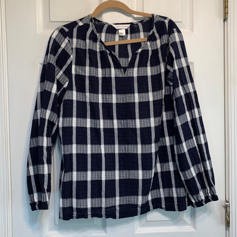 Christopher & Banks Blouse Large Navy Blue Plaid Textured Top Casual Preppy